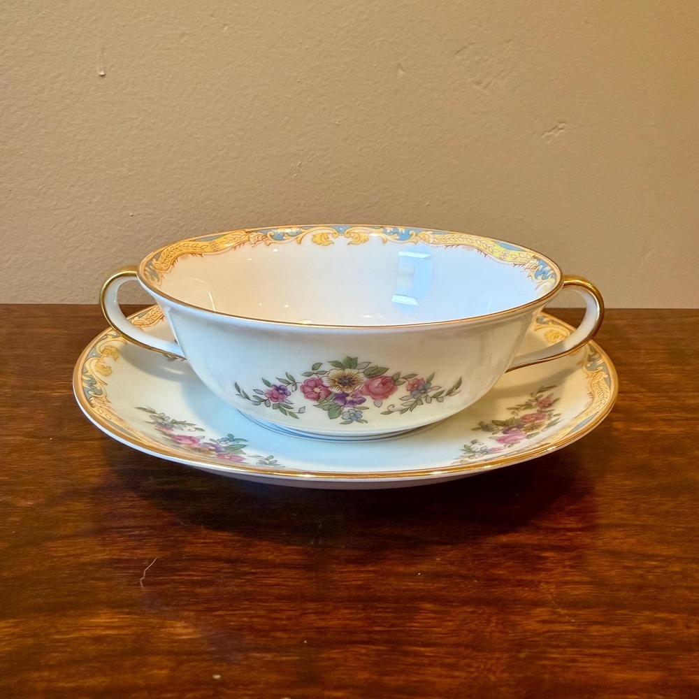 Antique Noritake Cream Soup Bowl and Saucer, Resilio Pattern, 1920s